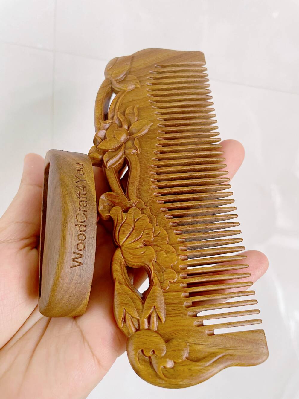 Hair Wooden Comb W/ Base Floral Pattern - WoodCraft4You