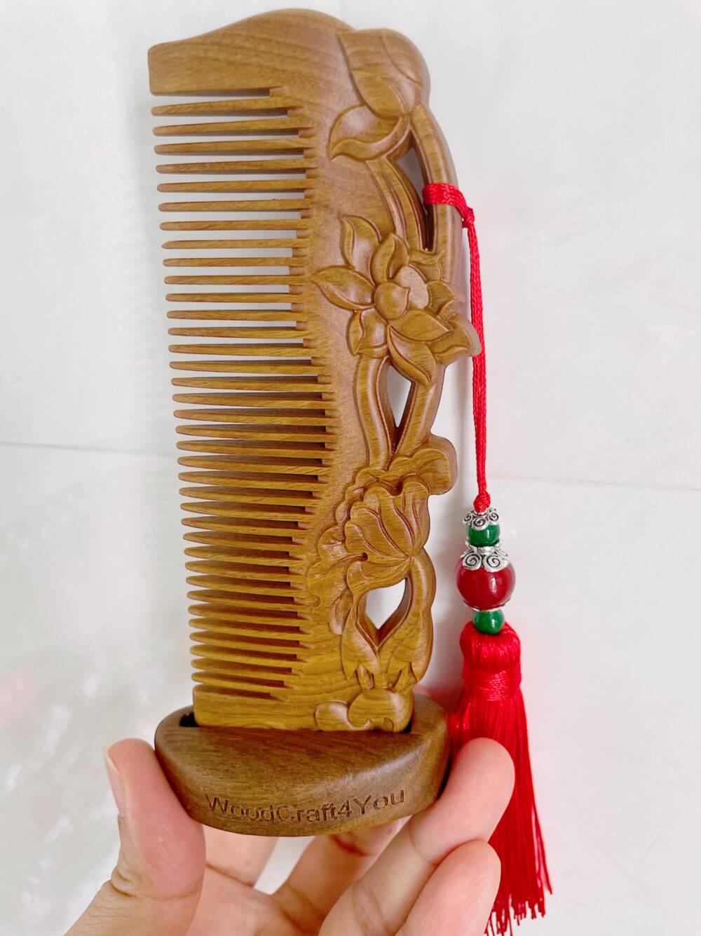 Hair Wooden Comb W/ Base Floral Pattern - WoodCraft4You