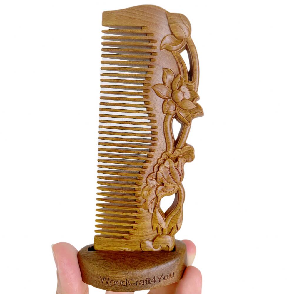 Hair Wooden Comb W/ Base Floral Pattern - WoodCraft4You